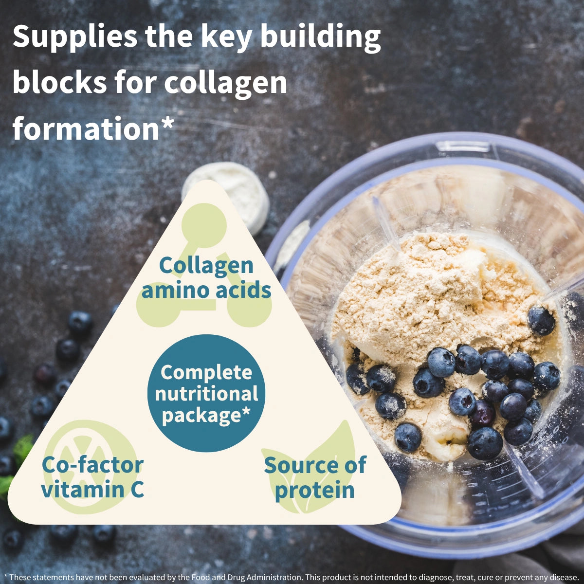 Collagen supplement with berries and a label highlighting its benefits on a dark background