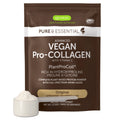 A brown stand-up pouch of Igennus Pure & Essential Vegan Pro-Collagen with Vitamin C powder, shown with a small white scoop filled with white powder in front on a white background.