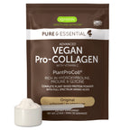 A brown stand-up pouch of Igennus Pure & Essential Vegan Pro-Collagen with Vitamin C powder, shown with a small white scoop filled with white powder in front on a white background.
