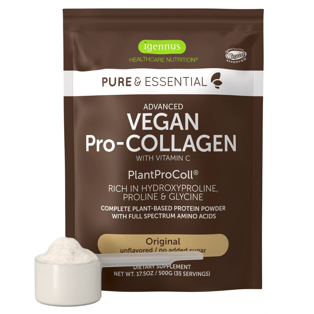 A brown stand-up pouch of Igennus Pure & Essential Vegan Pro-Collagen with Vitamin C powder, shown with a small white scoop filled with white powder in front on a white background.
