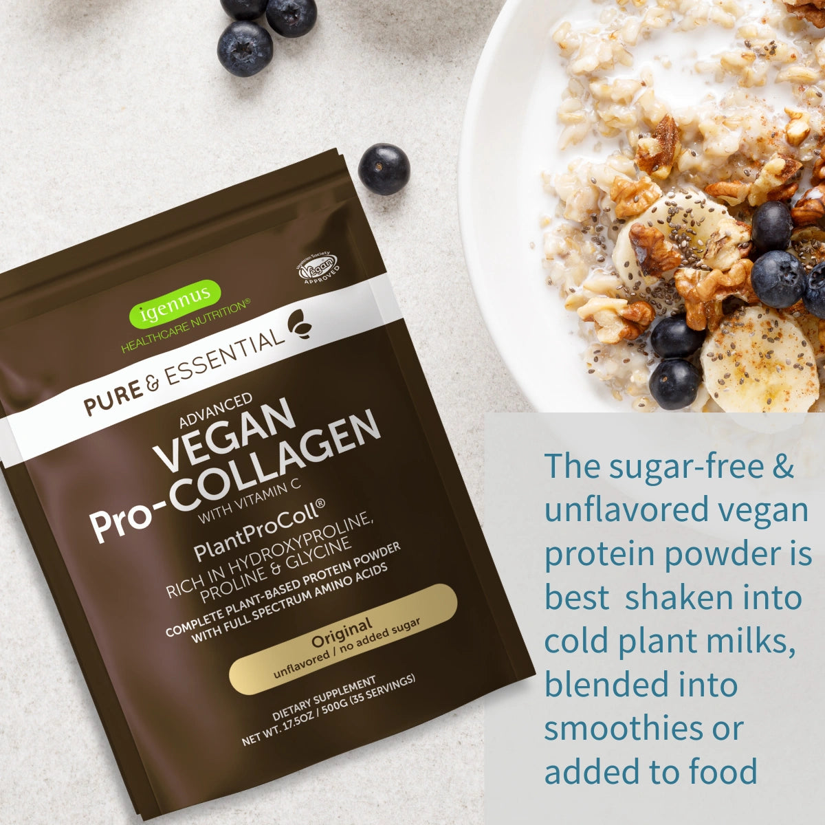 A bag of Inenmus Pure & Essential Vegan Pro-Collagen plant-based protein powder is shown on a light stone surface next to a bowl of oatmeal with banana and blueberries, with a text overlay describing its use.