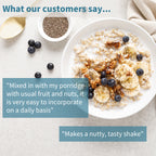 A styled breakfast scene showing a white bowl of oatmeal with banana slices, walnuts, blueberries, and milk on a light stone surface. A small dish of chia seeds and scattered blueberries appear beside it.