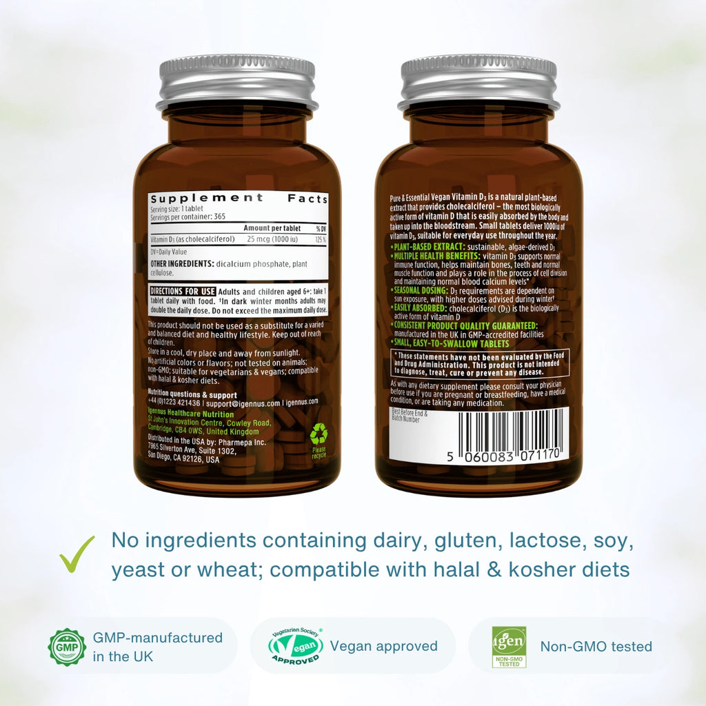 Two amber supplement bottles shown from the back, displaying detailed supplement facts labels, with text below highlighting halal and kosher compatibility and certification badges.