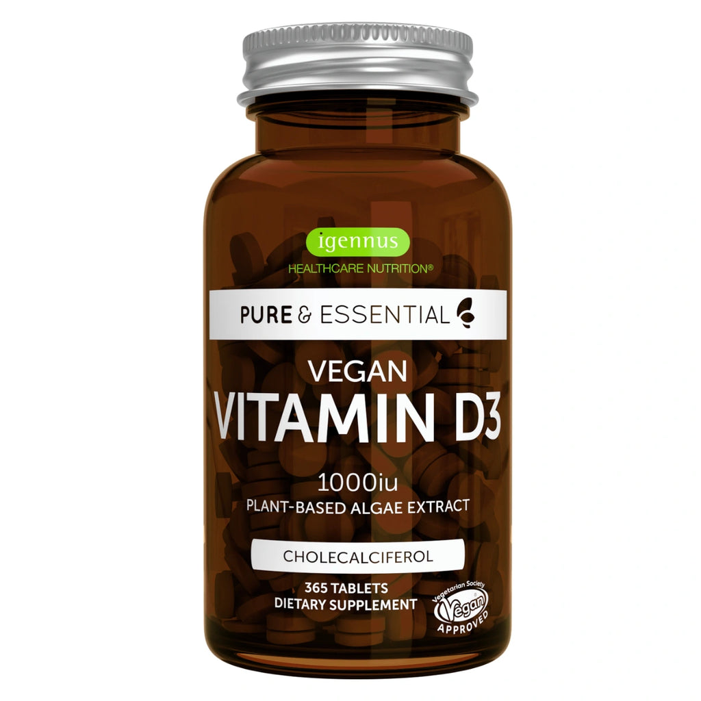 Vegan Vitamin D3 supplement bottle with Igennus branding on a white background