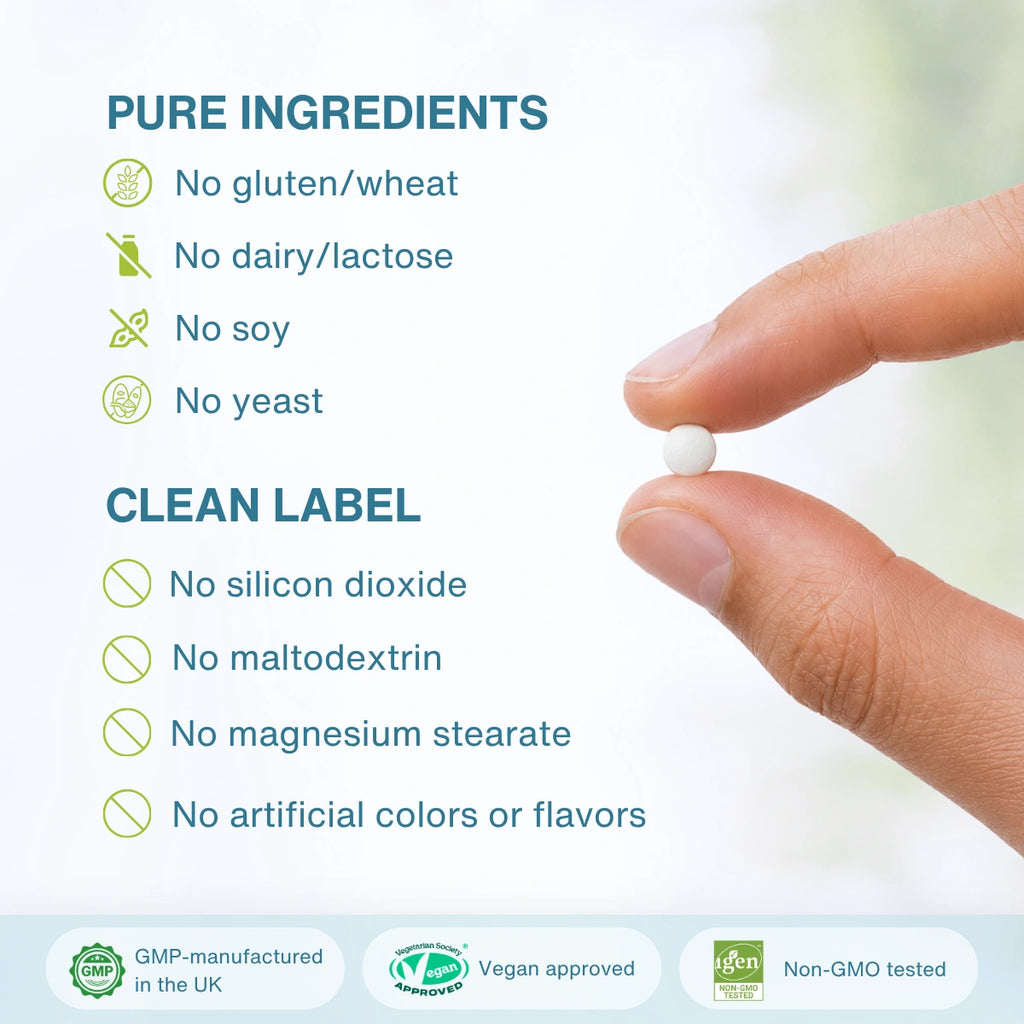 A close-up of a hand holding a single white round supplement tablet against a soft light background, with text listing pure ingredients and clean label claims such as no gluten, wheat, dairy, lactose, soy, yeast, silicon dioxide, maltodextrin, magnesium stearate, and artificial colors or flavors.