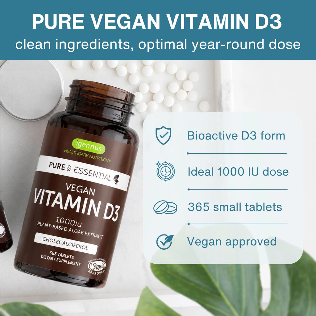 A bottle of vegan vitamin D3 dietary supplement by Venum Health Care, shown on a clean white surface with scattered white tablets and a blue promotional text panel highlighting product benefits.