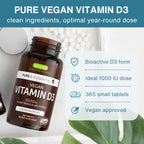 A bottle of vegan vitamin D3 dietary supplement by Venum Health Care, shown on a clean white surface with scattered white tablets and a blue promotional text panel highlighting product benefits.