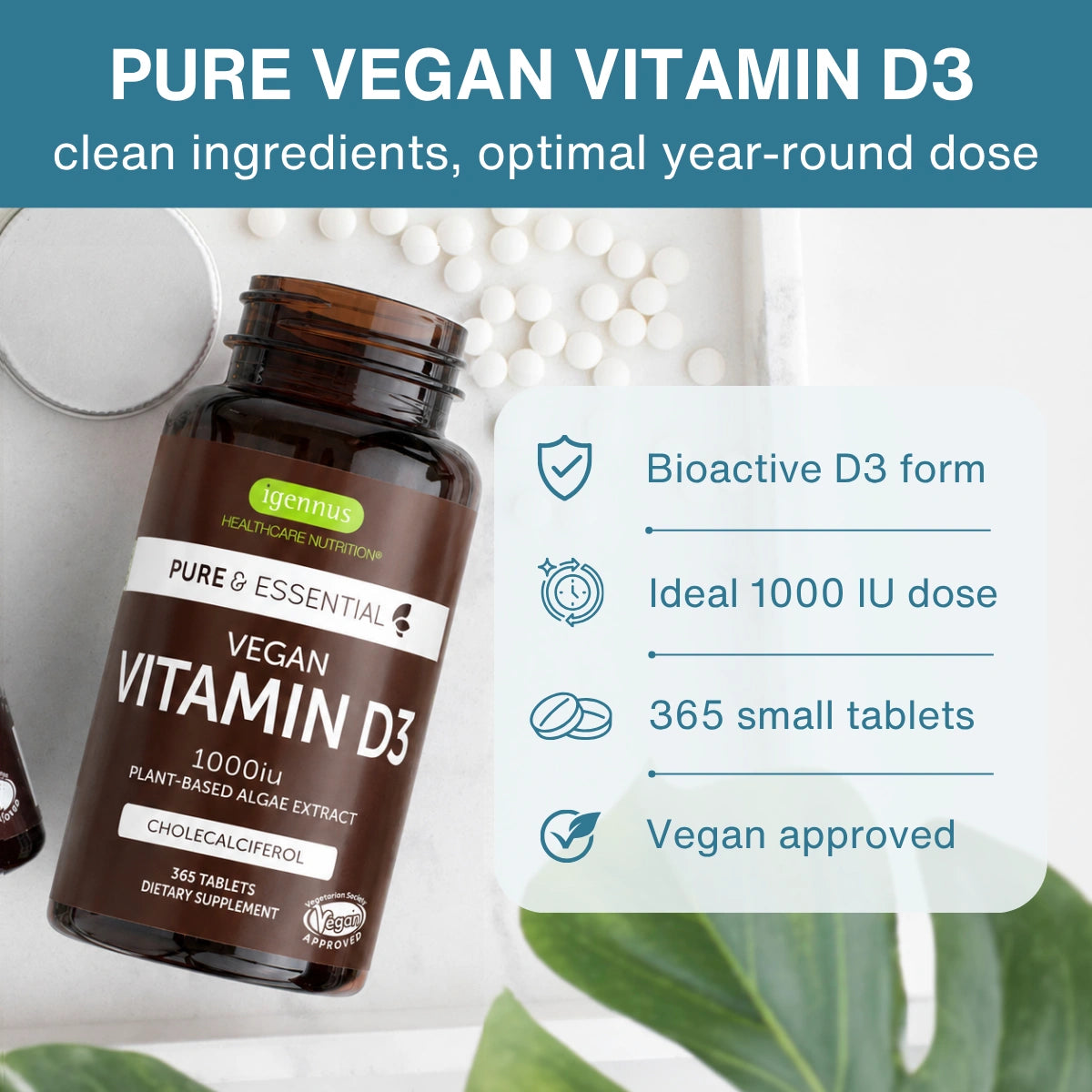 A bottle of vegan vitamin D3 dietary supplement by Venum Health Care, shown on a clean white surface with scattered white tablets and a blue promotional text panel highlighting product benefits.