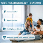 A family of four sits on a couch in a bright living room, with text overlays highlighting health benefits: immune health, muscle function, healthy bones and teeth, and maintaining normal blood levels of calcium.