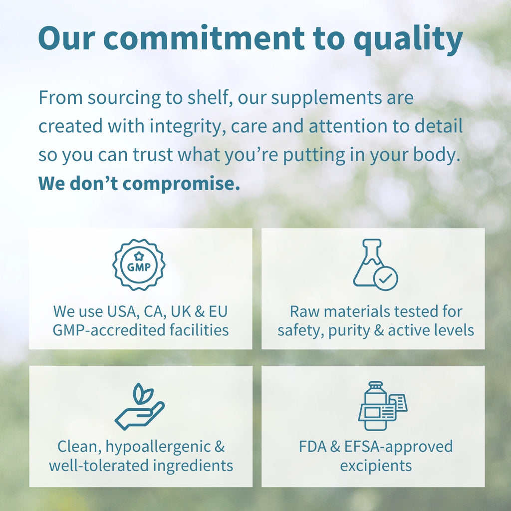 Quality commitment statement with icons and text about supplement manufacturing processes.
