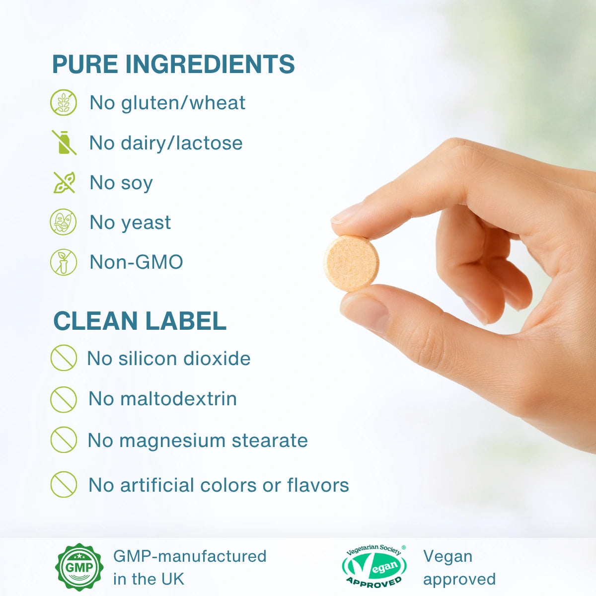 A hand holds a round beige supplement tablet between fingers against a soft white background with text listing product benefits: pure ingredients, clean label, no gluten/wheat, no dairy/lactose, no soy, no yeast, non-GMO, no silicon dioxide, no maltodextrin, no magnesium stearate, and no artificial colors or flavors. GMP-manufactured in the UK and Vegan approved badges appear at the bottom.