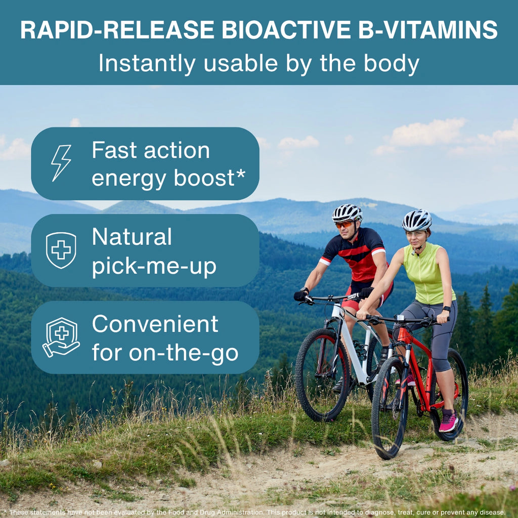 Promotional graphic for a B-vitamin supplement with the headline 'RAPID RELEASE BIOACTIVE B-VITAMINS' and the subtext 'instantly useable by the body.' Three teal callout bubbles list benefits: 'Fast action energy boost,' 'Natural pick-me-up,' and 'Convenient for on-the-go.