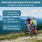 Promotional graphic for a B-vitamin supplement with the headline 'RAPID RELEASE BIOACTIVE B-VITAMINS' and the subtext 'instantly useable by the body.' Three teal callout bubbles list benefits: 'Fast action energy boost,' 'Natural pick-me-up,' and 'Convenient for on-the-go.