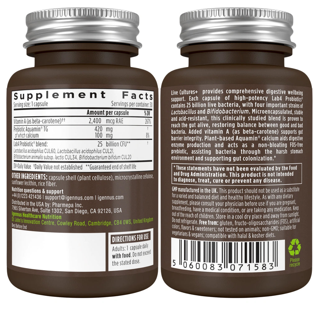 Two supplement bottles with label details on a white background