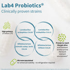 An informational graphic for Lab4 Probiotics, detailing clinically proven strains including Lactobacillus acidophilus CUL60, CUL21, CUL34, and CUL20. The graphic features a clean white background with blue and green accents, icons representing high potency (25 billion CFU) and microencapsulation, and text emphasizing survival in a harsh stomach environment.