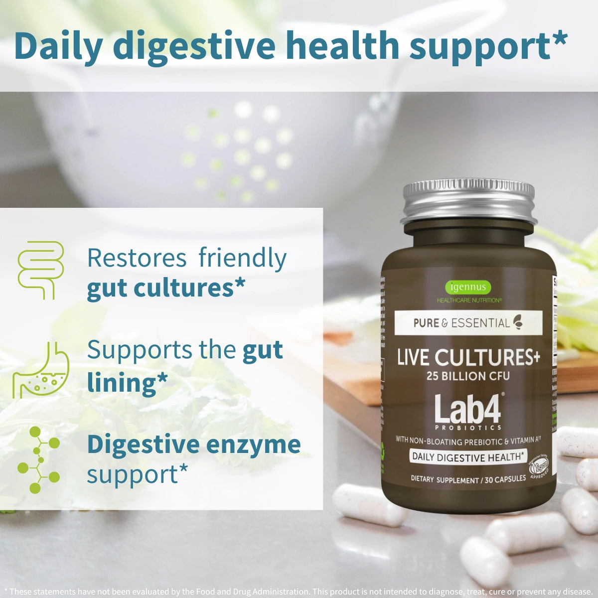 A bottle of Lab4 Probiotics 'Live Cultures+' dietary supplement shown on a light gray background with white capsules in the foreground and marketing text on the left.