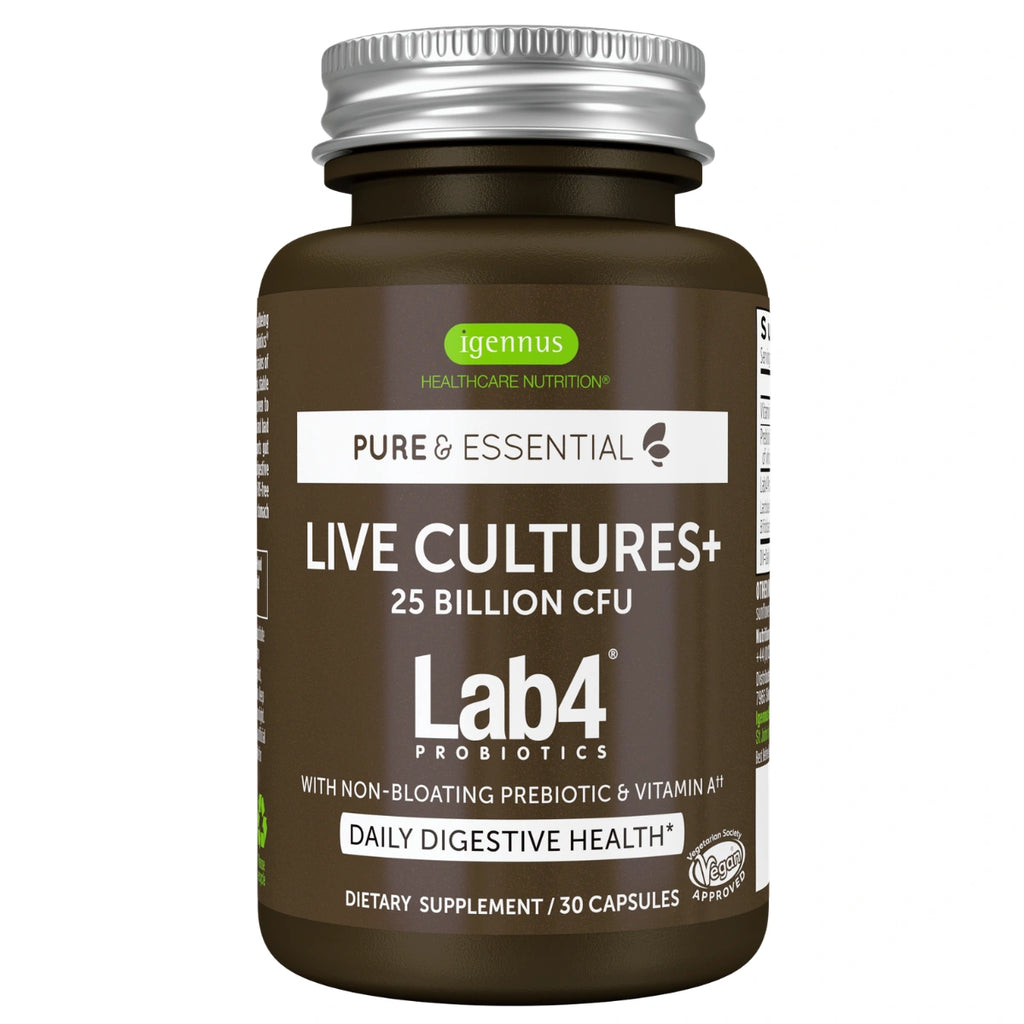A bottle of igennus Lab4 Probiotics 'Live Cultures+' dietary supplement, 25 billion CFU, with a dark brown label and a silver metal cap on a white background.