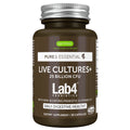 A bottle of igennus Lab4 Probiotics 'Live Cultures+' dietary supplement, 25 billion CFU, with a dark brown label and a silver metal cap on a white background.