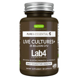 A bottle of igennus Lab4 Probiotics 'Live Cultures+' dietary supplement, 25 billion CFU, with a dark brown label and a silver metal cap on a white background.