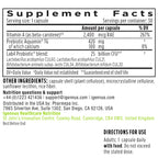 A supplement facts label with a black background and white text, showing serving size 1 capsule, 30 servings per container, and a list of ingredients including Vitamin A, Prebiotic Aquamin TG, Lab4Probiotic blend, and other capsule shell and rice fiber ingredients. Contact info for Igensun and Pharmea is printed on the label.