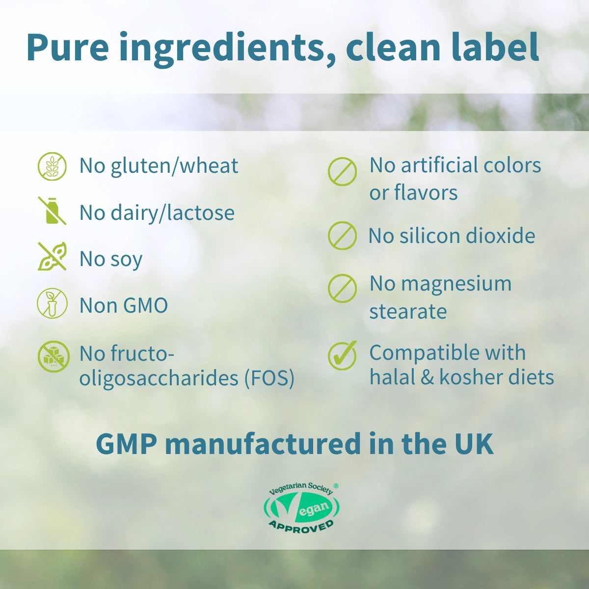 An informational graphic with the headline 'Pure ingredients, clean label' on a soft blurred green background. It lists product claims such as no gluten/wheat, no dairy/lactose, no soy, non GMO, no fructo-oligosaccharides (FOS), no artificial colors or flavors, no silicon dioxide, no magnesium stearate, and compatibility with halal & kosher diets.