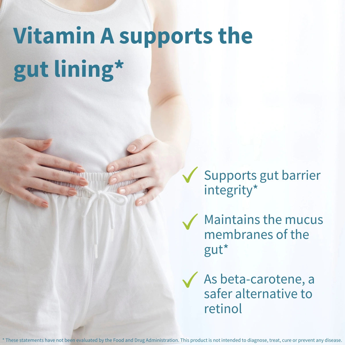A person in a white tank top and white shorts holds their stomach, with text on a light background stating 'Vitamin A supports the gut lining' and three bullet points about gut barrier integrity, mucus membranes, and retinol.
