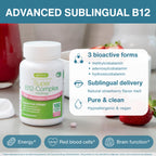 A bottle of Igennus Super B12-Complex dietary supplement displayed on a kitchen counter with strawberries, alongside informational text overlays detailing its sublingual delivery and benefits.