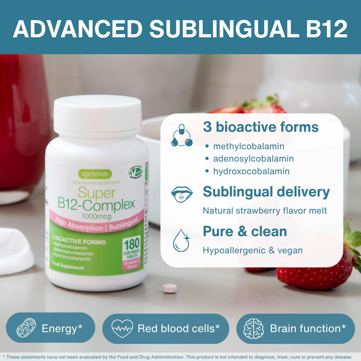 A bottle of Igennus Super B12-Complex dietary supplement displayed on a kitchen counter with strawberries, alongside informational text overlays detailing its sublingual delivery and benefits.