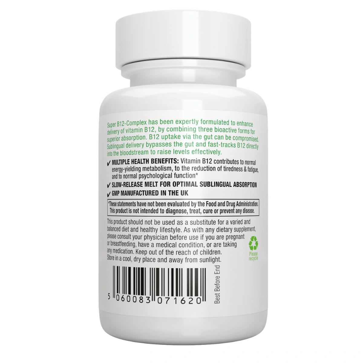 White supplement bottle with label on a white background