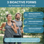 Promotional graphic for a B12 supplement with two people jogging outdoors on a tree-lined path. The graphic includes teal text panels listing three bioactive forms: methylcobalamin, adenosylcobalamin, and hydroxocobalamin, plus a high-strength 1000mcg dose claim.