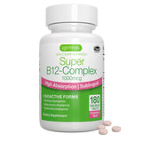 A white bottle of Igennus Super B12-Complex dietary supplement with a white cap, shown on a white background with four pinkish-beige tablets placed in front of the bottle.