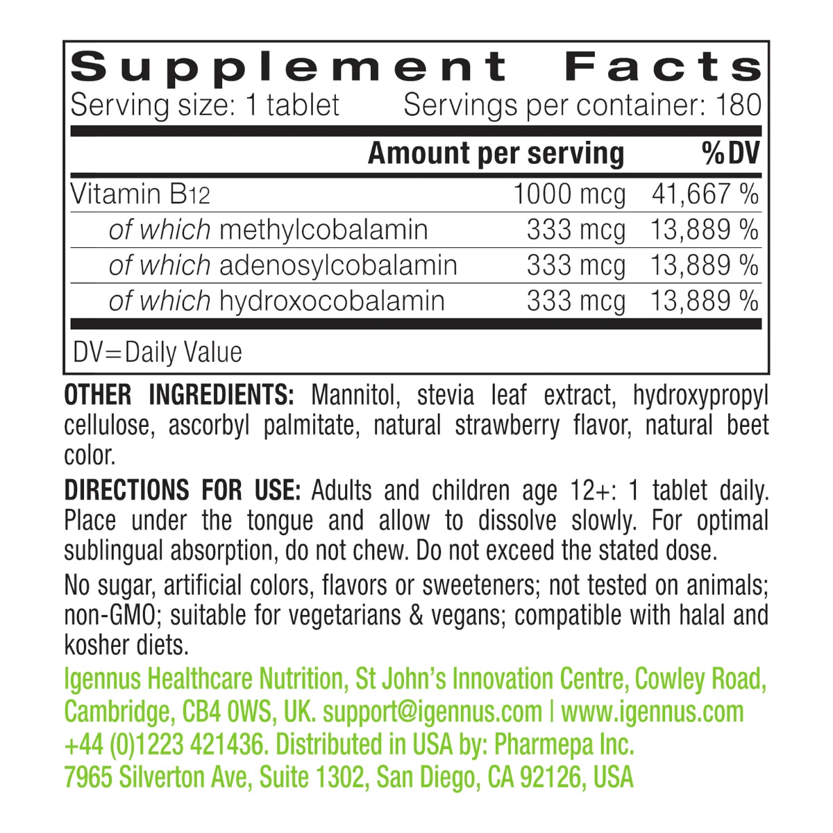 A supplement facts label for a tablet product, showing serving size, servings per container, and a table of vitamin B12 and methylcobalamin amounts with percentages. The label includes other ingredients, directions for use, and manufacturer contact information at the bottom.