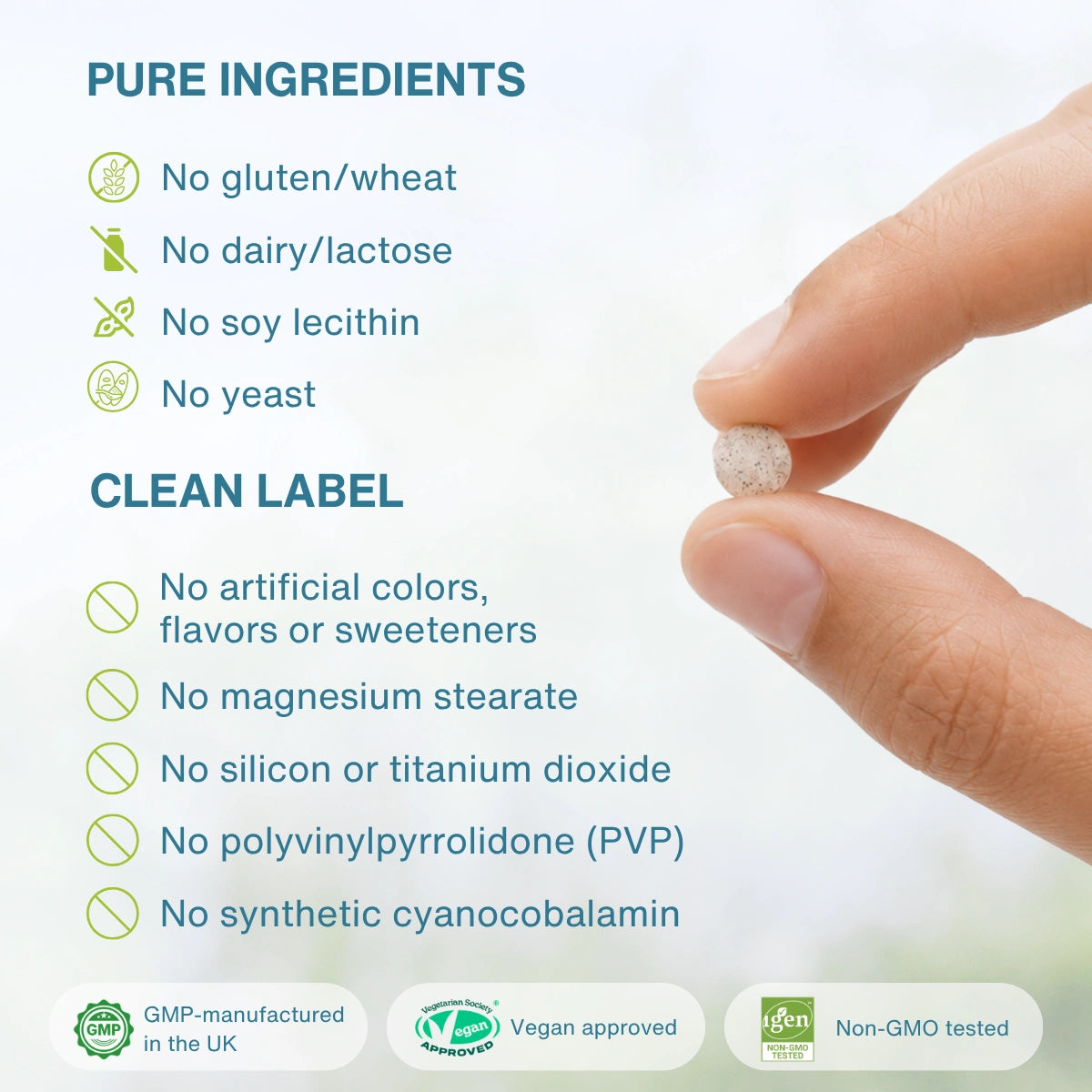 A close-up of a hand holding a small round supplement tablet against a soft light background, with text listing pure ingredients and clean label claims such as no gluten, wheat, dairy, lactose, soy lecithin, yeast, artificial colors, and no synthetic cyanocobalamine. GMP, vegan approved, and non-GMO badges appear at the bottom.