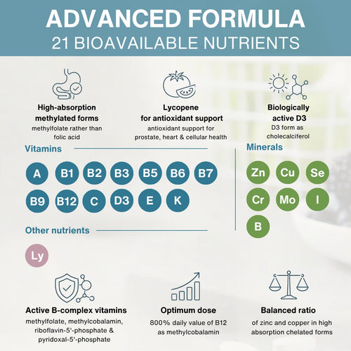 An infographic titled 'ADVANCED FORMULA' with the subtitle '21 BIOAVAILABLE NUTRIENTS' on a white background. It uses icons and labeled circles to explain key benefits: high-absorption methylfolate, lycopenes for antioxidant support, biologically active D3, vitamins B, B12, and others, plus minerals zinc, copper, selenium, chromium, molybdenum, and iodine.