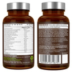 Two amber supplement bottles shown side by side, front and back, with gray caps. The bottles display printed supplement facts panels in black text on a white background.