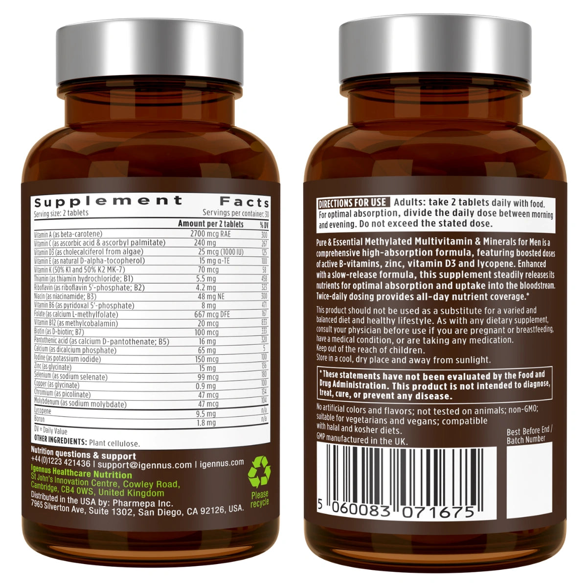 Two amber supplement bottles shown side by side, front and back, with gray caps. The bottles display printed supplement facts panels in black text on a white background.