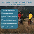 An informational graphic with the headline 'METHYLATED AND ACTIVE FORMS FOR KEY BENEFITS' over a lifestyle photo of two cyclists outdoors in a grassy mountain setting. A blue callout box lists benefits: Energy & endurance, Immune function, Brain function & mood, Cardiovascular support, Male hormone support, and Prostate health.