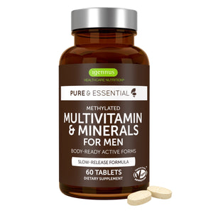 A bottle of Igennus Pure & Essential Methylated Multivitamin & Minerals for Men, featuring a dark brown label and silver cap, with three light beige tablets shown in front on a white background.