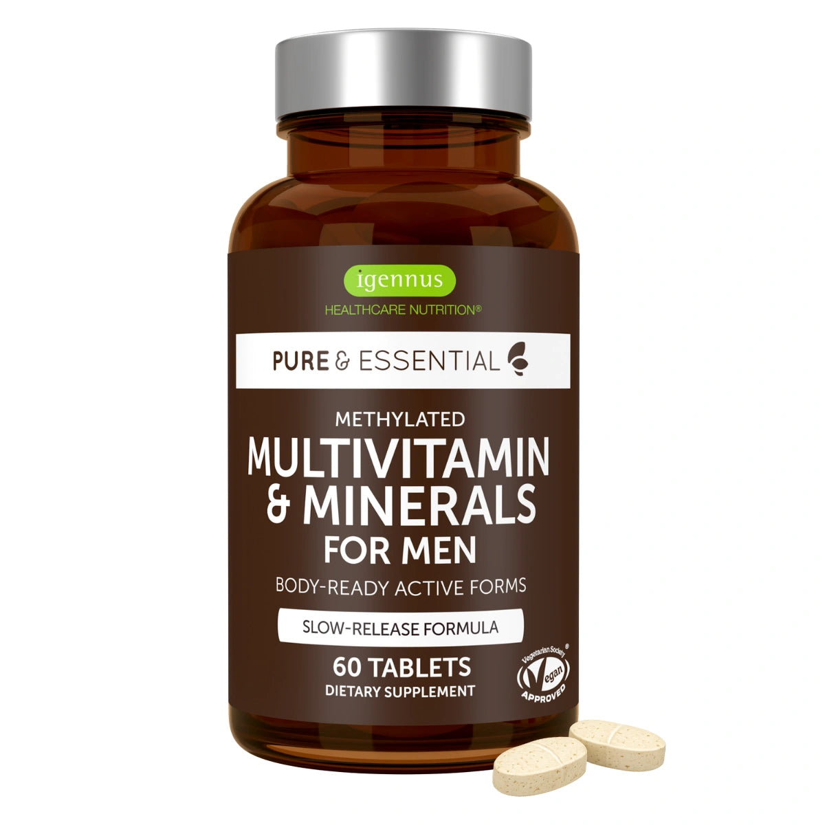 A bottle of Igennus Pure & Essential Methylated Multivitamin & Minerals for Men, featuring a dark brown label and silver cap, with three light beige tablets shown in front on a white background.