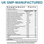 A supplement facts label on a white background with blue headline text reading 'UK GMP-MANUFACTURED.' The label lists supplement ingredients such as Vitamin A, B, C, D, E, riboflavin, niacin, folate, B12, biotin, pantothenic acid, calcium, copper, chromium, molybdenum, lycopene, and boron, with amounts and percentages.