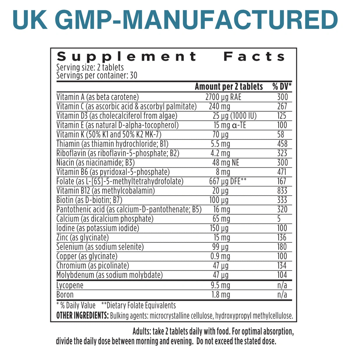 A supplement facts label on a white background with blue headline text reading 'UK GMP-MANUFACTURED.' The label lists supplement ingredients such as Vitamin A, B, C, D, E, riboflavin, niacin, folate, B12, biotin, pantothenic acid, calcium, copper, chromium, molybdenum, lycopene, and boron, with amounts and percentages.