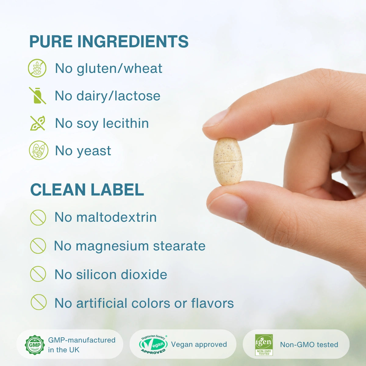 A hand holds a beige oval supplement capsule against a clean white background with text listing pure ingredients and clean label claims. Logos at the bottom indicate GMP-manufactured in the UK, Vegan approved, and Non-GMO tested.