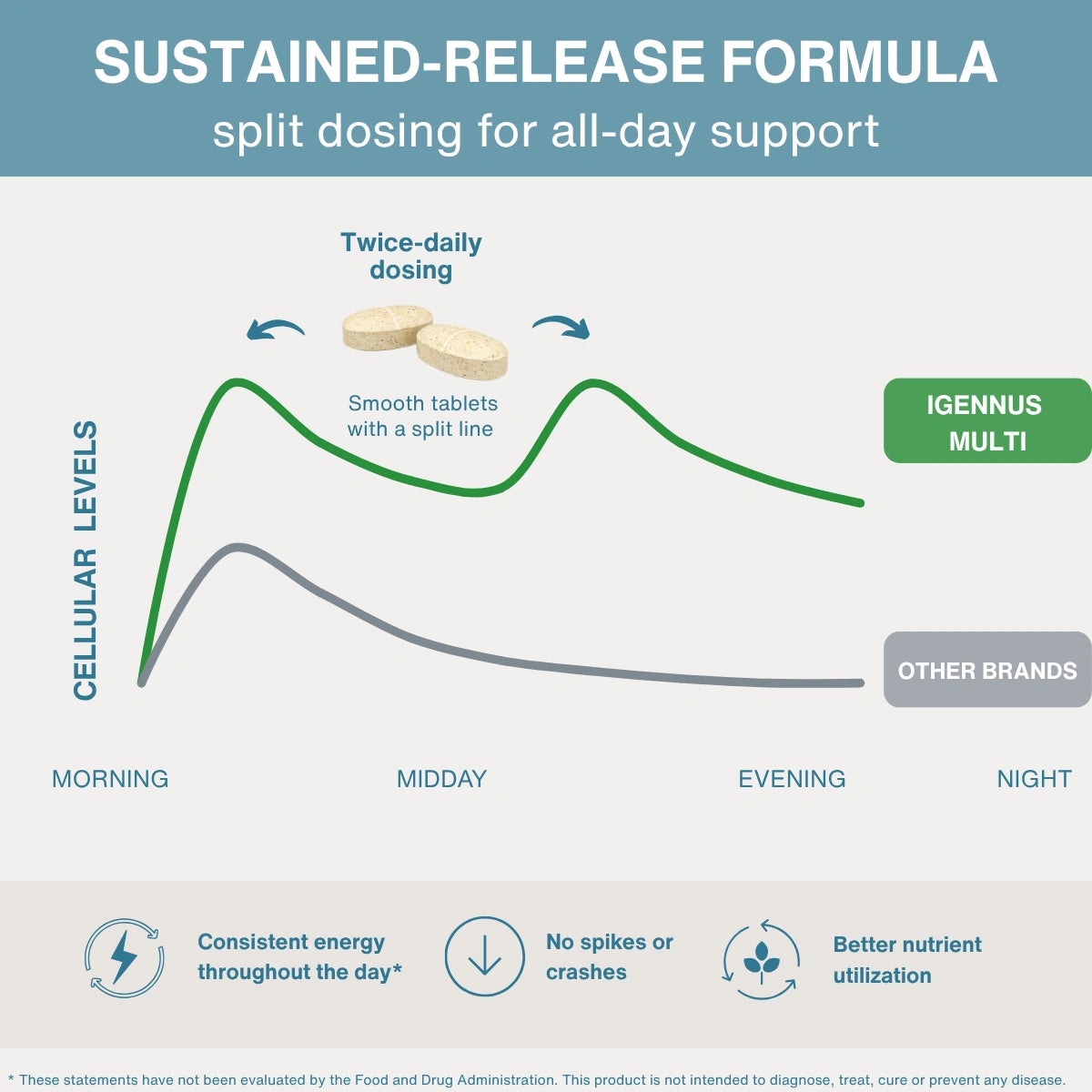 Diagram of sustained-release formula with IGENNUS MULTI and other brands, showing split dosing for all-day support.