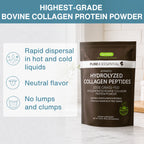 A stand-up pouch of Vegmase Pure & Essential Advanced Hydrolyzed Collagen Peptides protein powder, shown on a light marble surface with a kitchen background. The pouch is dark brown with white and green text.