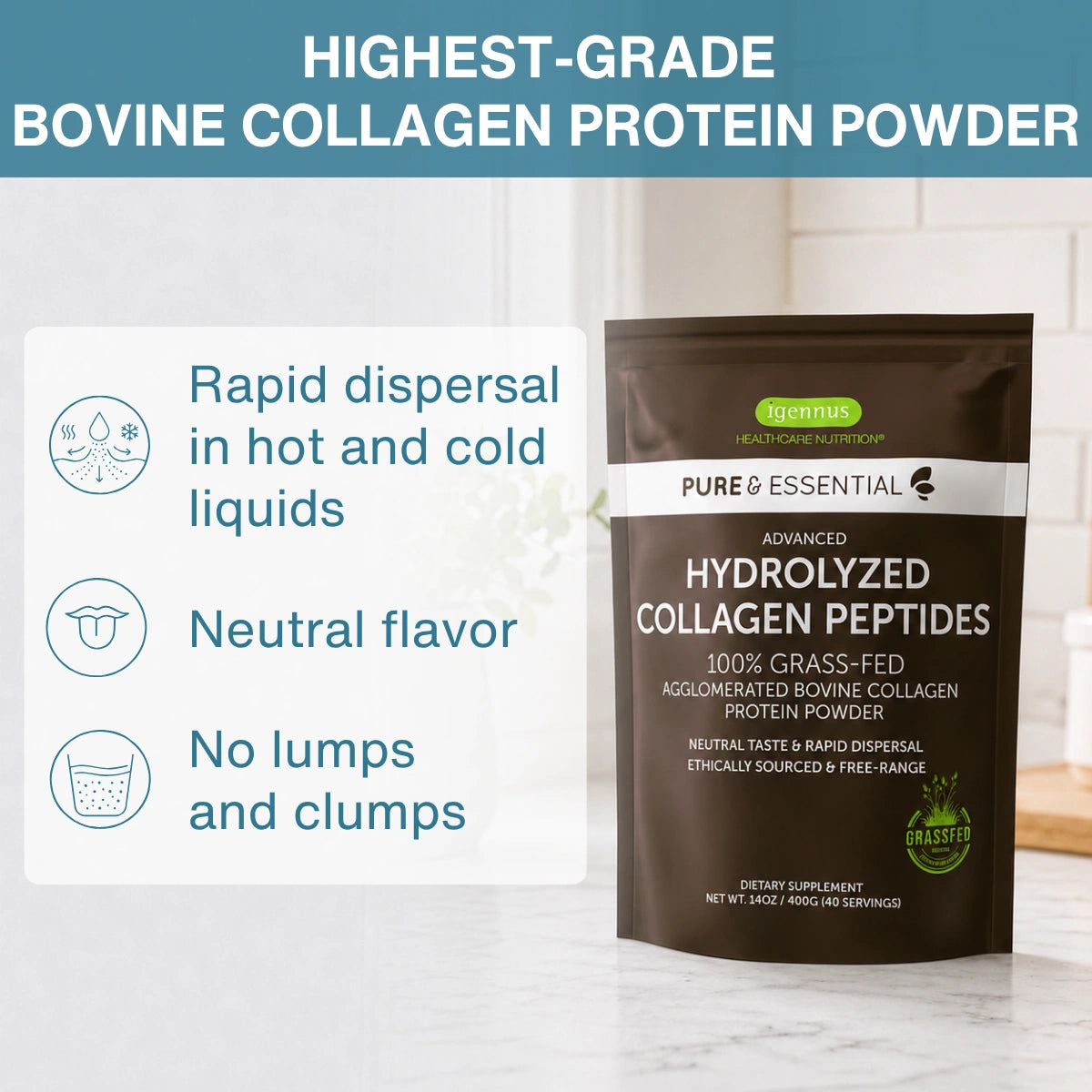 A stand-up pouch of Vegmase Pure & Essential Advanced Hydrolyzed Collagen Peptides protein powder, shown on a light marble surface with a kitchen background. The pouch is dark brown with white and green text.