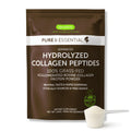 A stand-up pouch of Igennus Pure & Essential Hydrolyzed Collagen Peptides in dark brown packaging with white text, shown on a white background with a small scoop of white powder in front.