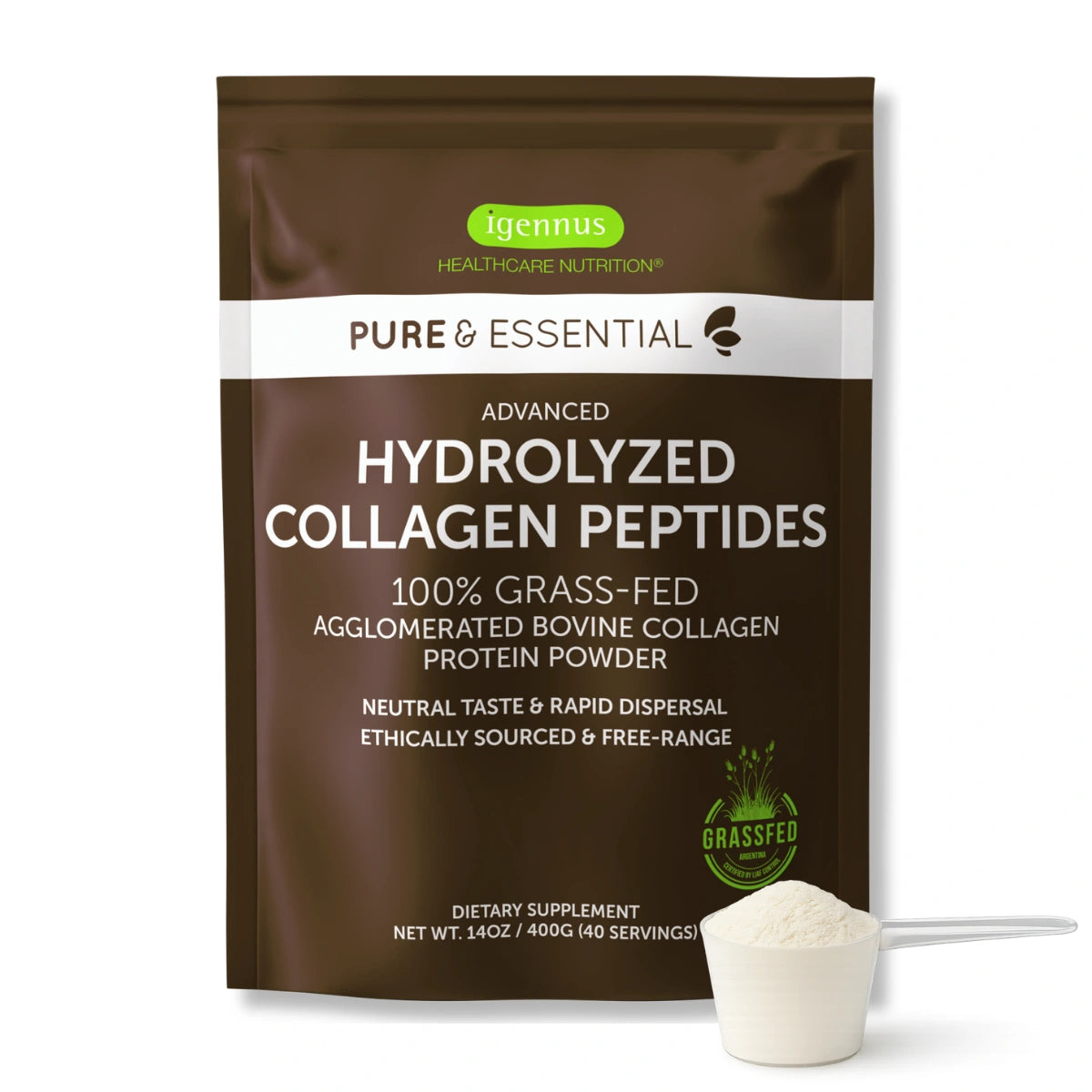A stand-up pouch of Igennus Pure & Essential Hydrolyzed Collagen Peptides in dark brown packaging with white text, shown on a white background with a small scoop of white powder in front.