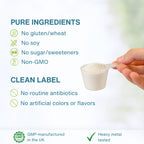 Promotional graphic for a powder supplement showing a hand holding a small scoop filled with white powder. Text highlights pure ingredients: no gluten/wheat, no soy, no sugar/sweeteners, and non-GMO.