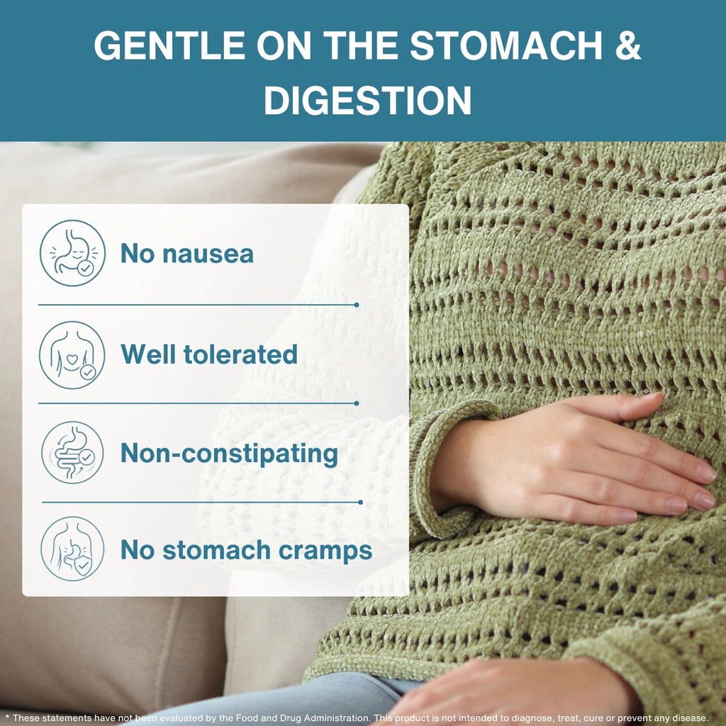 A person wearing a textured olive green knit sweater sits on a beige couch, with a hand resting on their stomach. A teal banner at the top reads 'GENTLE ON THE STOMACH & DIGESTION,' and a white panel lists benefits: no nausea, well tolerated, nonconstipating, and no stomach cramps.