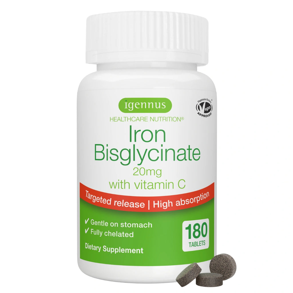 A white plastic bottle of Igennus Iron Bisglycinate 20mg dietary supplement, featuring a green and red label with three dark gray tablets shown at the bottom right, on a solid white background.